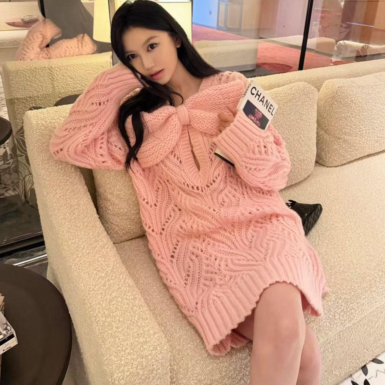 好漂亮蝴蝶结针织镂空毛衣连衣裙女2025年冬季新款打底裙宽松休闲