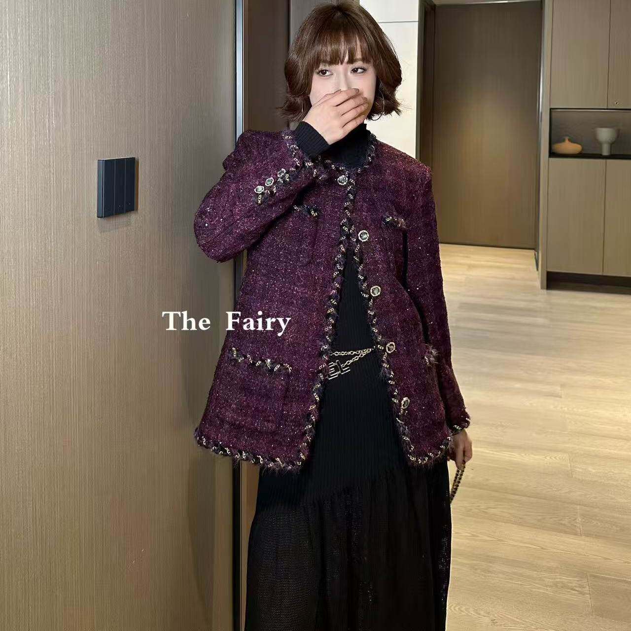 好漂亮紫色重工小香风外套女2025年冬季新款短上衣名媛气质时尚潮