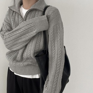 Zip Casual Ribbed Women Knit Sweaters Cable Pullover毛衣女