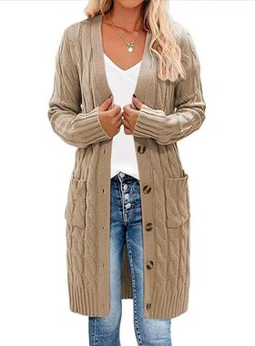 2025 Fall Winter Women Sweaters Pockets Knit Long Cardigan