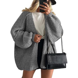 Long Lantern Sleeve Women Open Sweaters Knit Front Cardigan