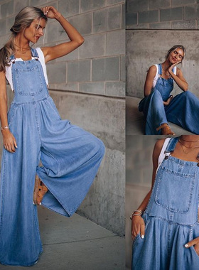 women pockets loose denim overalls Jumpsuits Female Rompers