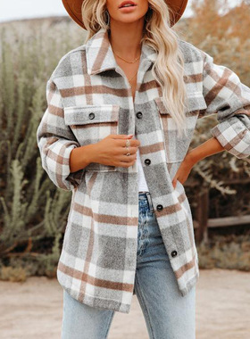 Women Flannel Plaid blouse Long Sleeve Shirts Coats Pockets