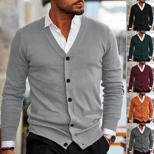 Men's Sweater V-Neck Button Knitted Cardigan Pockets Fashion