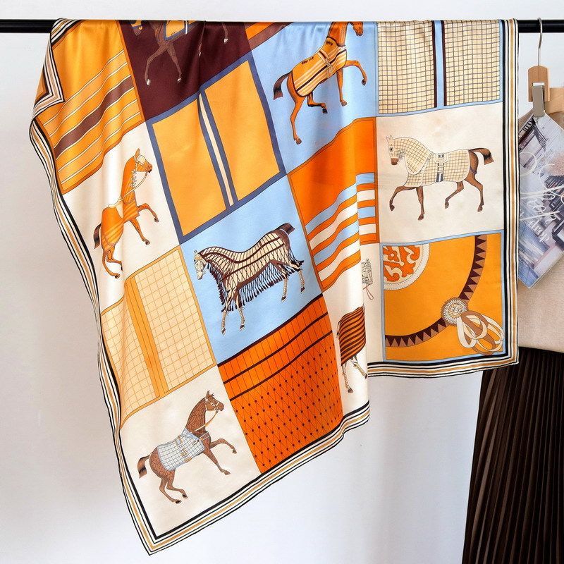 欧美风骏马格子高端轻奢真丝丝巾女春秋110大方巾桑蚕丝围巾披肩