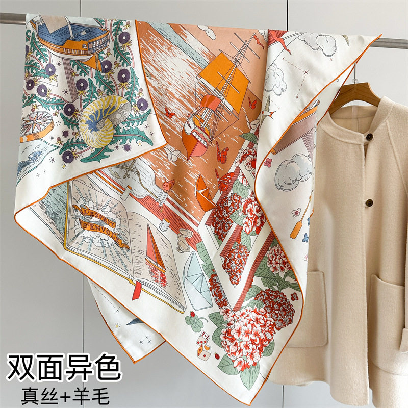 高级感双面异色帆船真丝羊毛大方巾秋冬时尚百搭保暖围巾披肩女