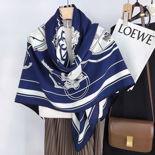 新款马车图案真丝羊毛双面异色印花大方巾秋冬保暖丝毛围巾披肩女