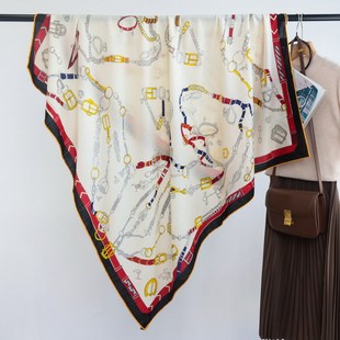 街头甜酷风酒红链条骏马双面同色真丝羊毛围巾保暖披肩140大方巾