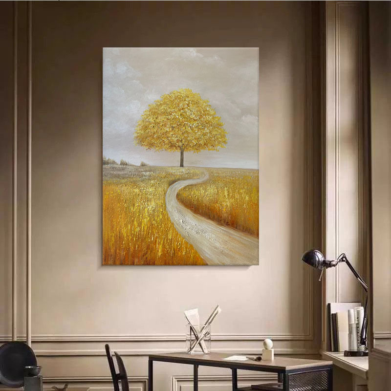 大芬村纯手绘油画意式黄金发财树玄关走廊挂画轻奢高级客厅背景墙