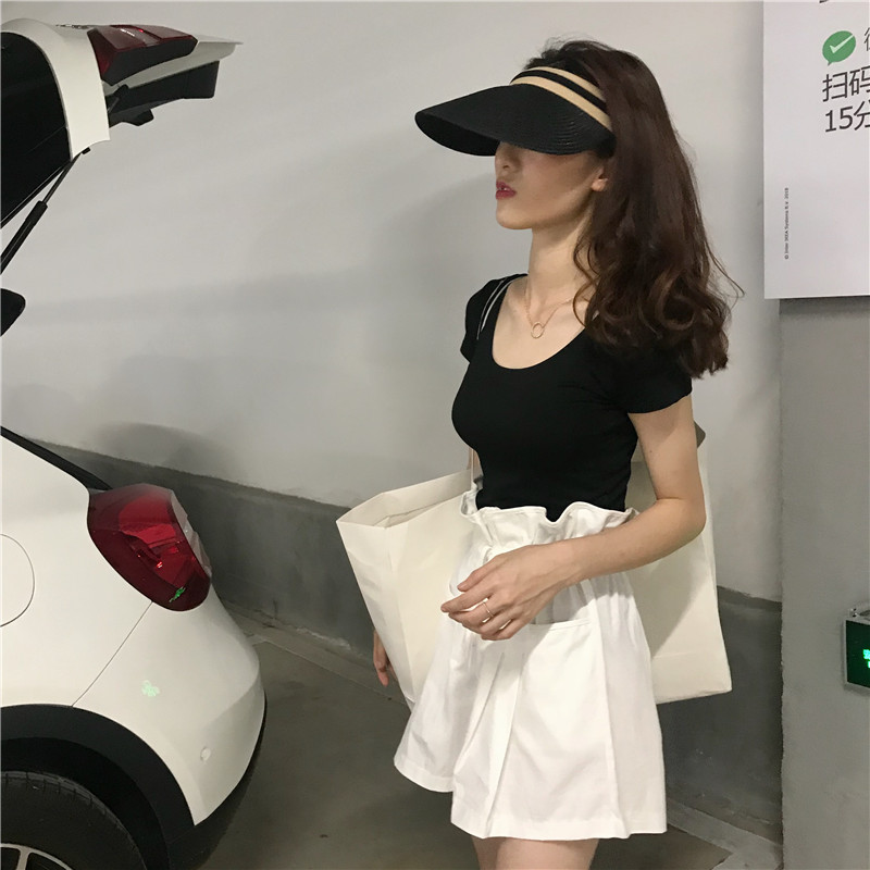 扑啦啦 韩风Chic纯色简约修身短袖T恤女高腰宽松显瘦花苞阔腿短裤