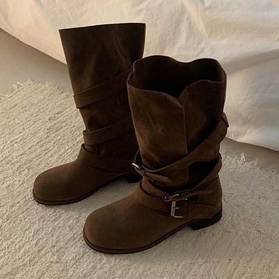 羊皮版~韩版圆头方跟皮带扣骑士靴2025年新款复古软面中筒女靴