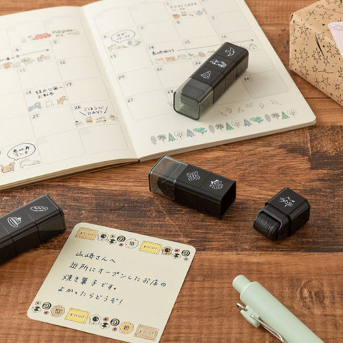 日本midori三连组合式滚轮印章油性浸透印手帐素材装饰猫狗植物