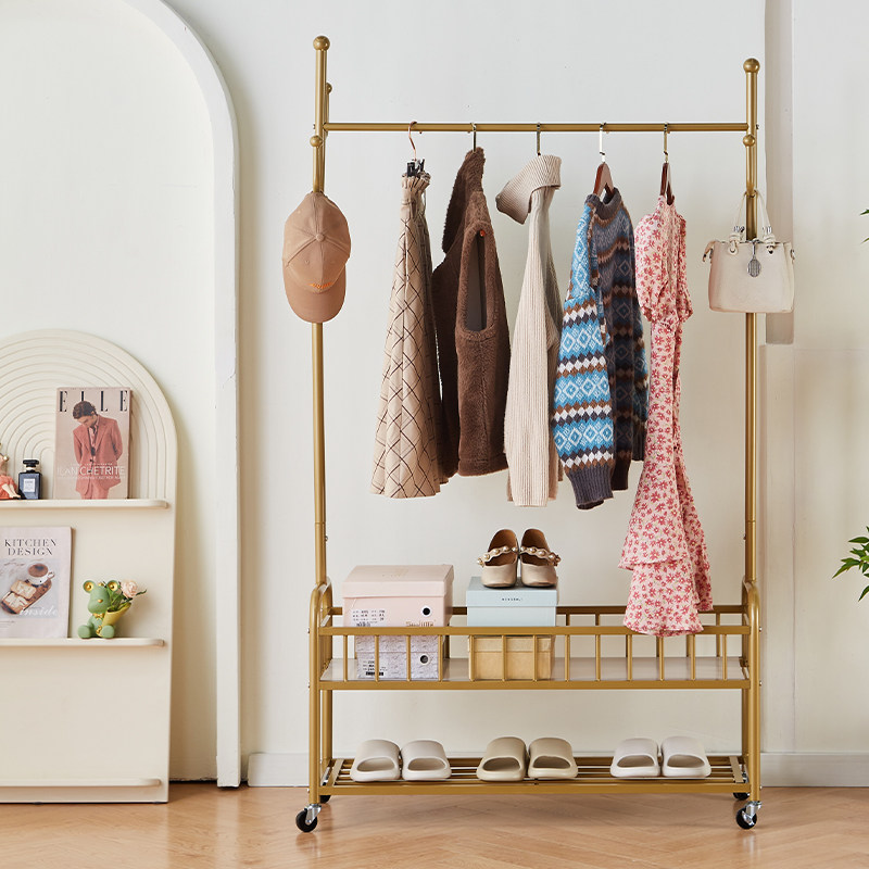 【A1】单双层带筐鞋架铁艺落地衣帽架带轮卧室玄关客厅挂衣可移动