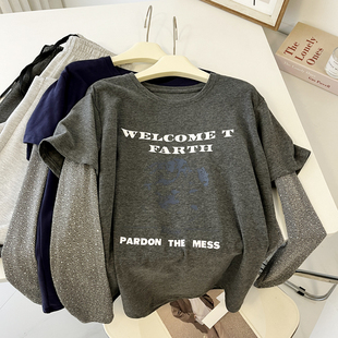 开春好款时髦百搭 气质灰字母印花假两件T恤女宽松显瘦长袖上衣