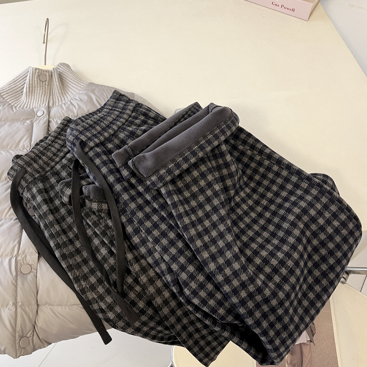 “年度尼裤”复古格子毛呢拖地裤