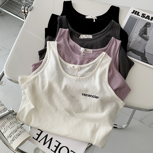 打底T恤内搭棉麻上衣 竹节棉吊带背心女夏外穿宽松显瘦u领白色无袖