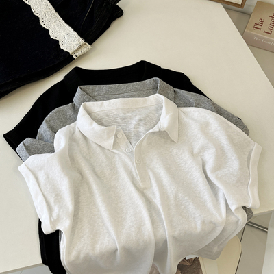 卷边袖纽扣小神Tpolo短袖T恤女