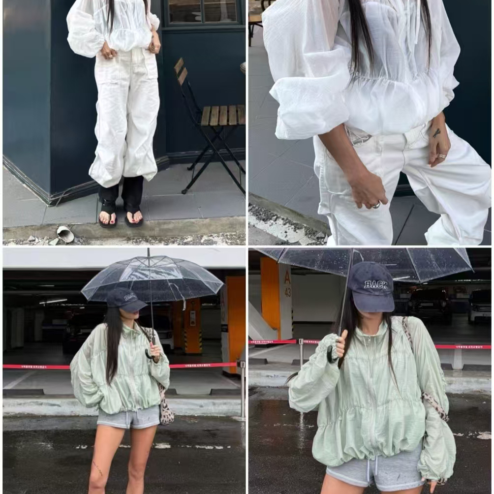 韩国设计师款2025新款时尚褶皱宽松灯笼袖衬衫女薄款微透防晒外套