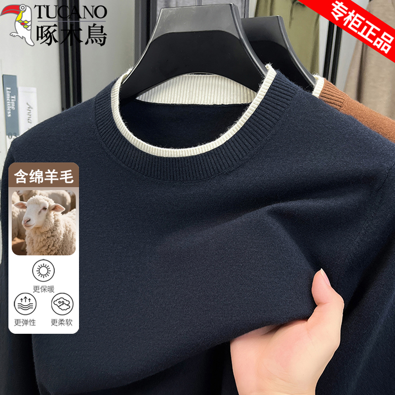 啄木鸟含羊毛纯色圆领针织毛衣男