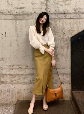 法式高级感职业ol包臀裙套装女夏高腰黄色半身长裙修身开叉一步裙