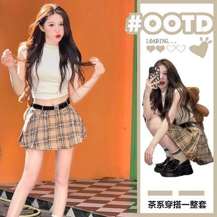 春夏季女小个子学院风jk连衣裙套装高腰格子百褶裙辣妹a字超短裙