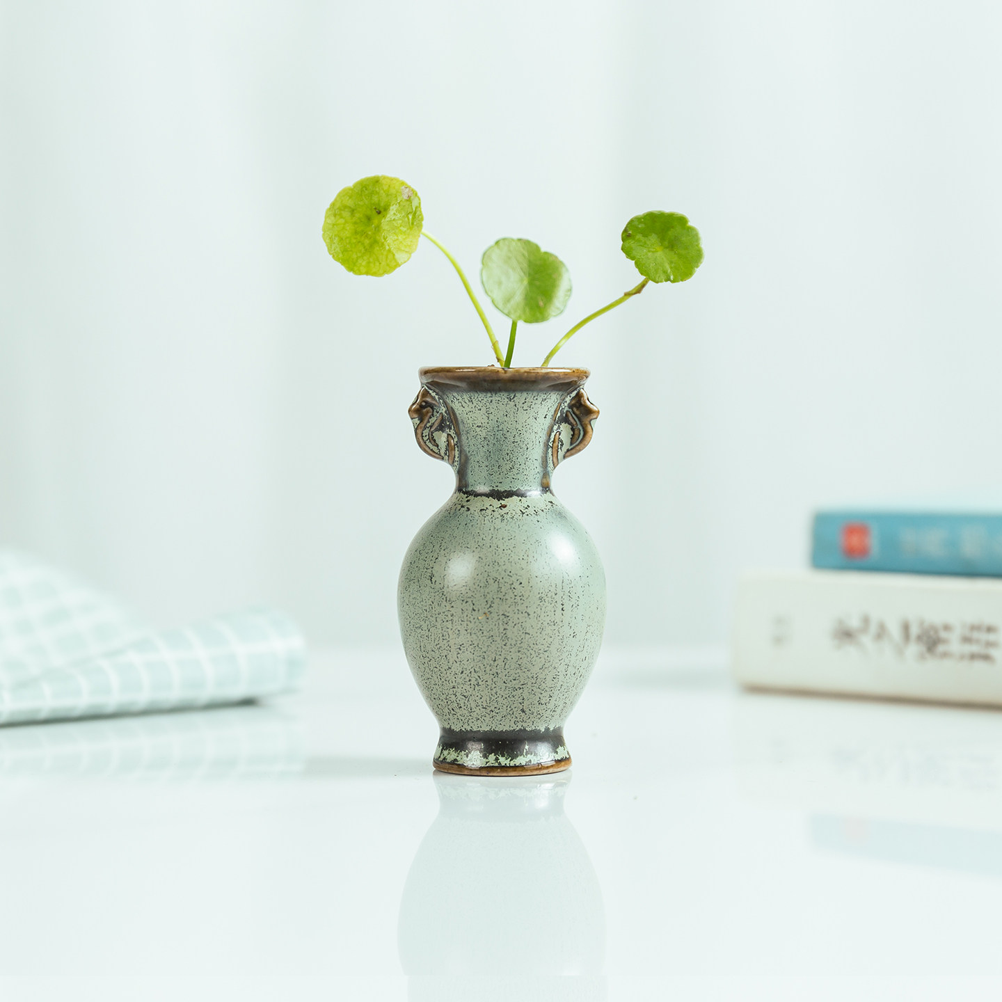迷你小号简约手工陶瓷花瓶花器绿色双耳桌面装饰摆件家居装饰花瓶