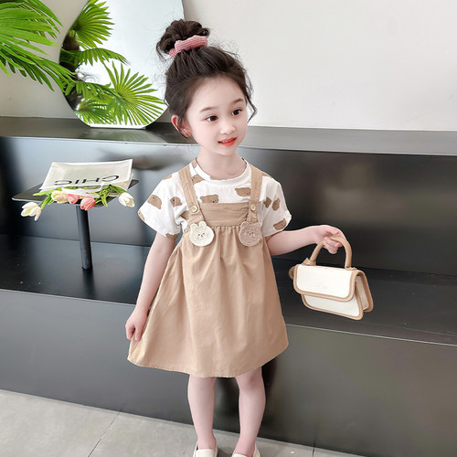 女童洋气套装2024夏季新款儿童时髦卡通背带两件套宝宝夏装连衣裙