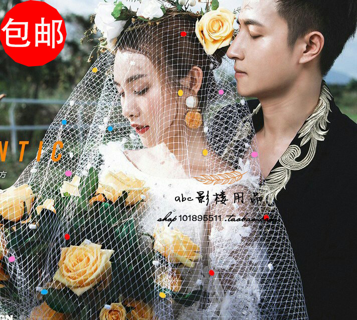 2018新款新娘白色大网格彩球造型头纱道具影楼婚纱摄影韩式短款