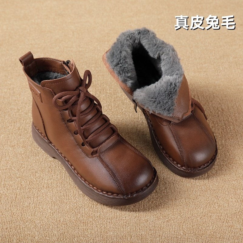 冬季全牛皮真皮短靴女中老年软底防滑妈妈棉靴加绒加厚保暖平底靴,女鞋,时装靴,淘宝优惠券,粉丝福利购,淘宝优惠卷
