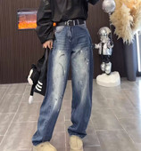 2026早春新款 潮 女百搭休闲直筒裤 洋气时尚 泼墨漆点牛仔裤