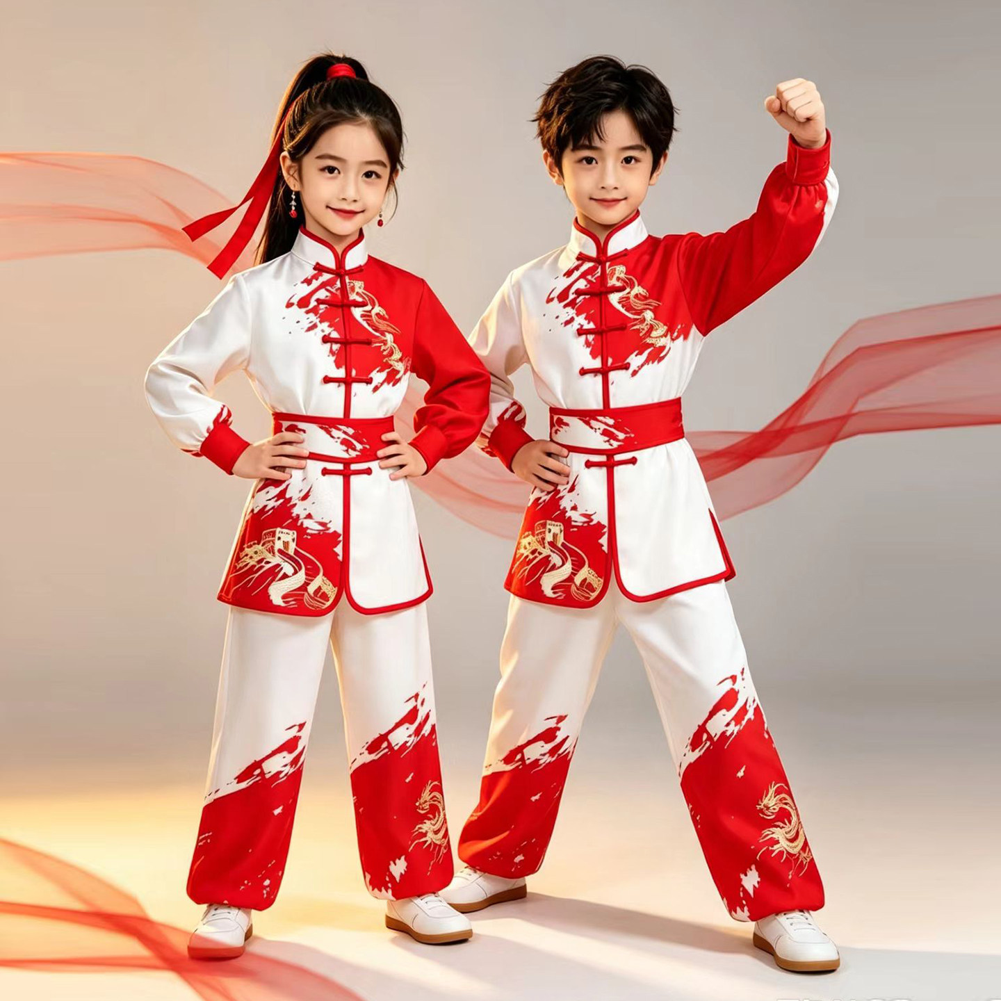 儿童武术服装男女通用长城龙纹表演服演出服中国风功夫武馆训练服