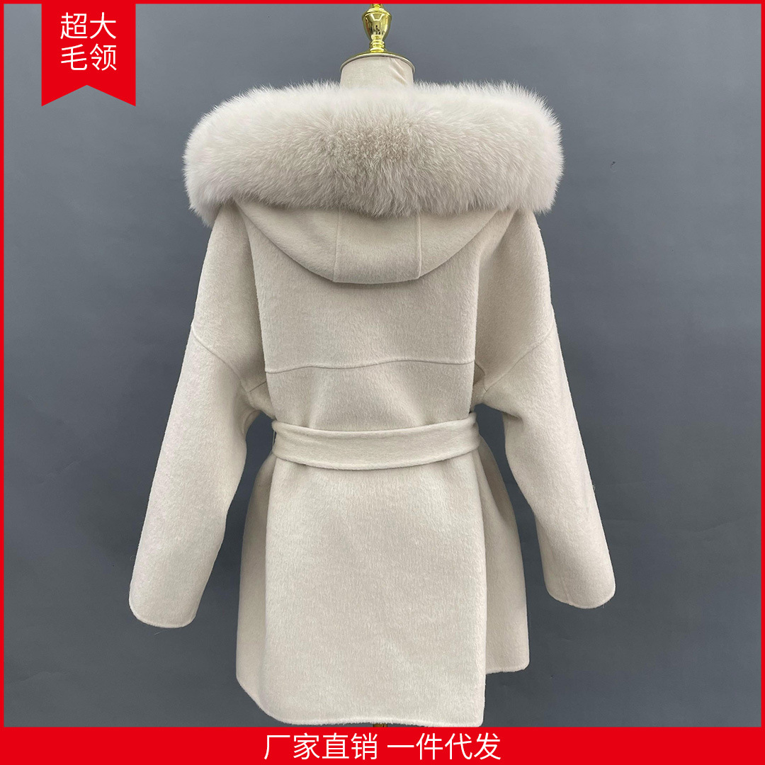 厂家直供 现货 超大狐狸毛领可拆卸蓬松双面呢大衣女中长款皮草