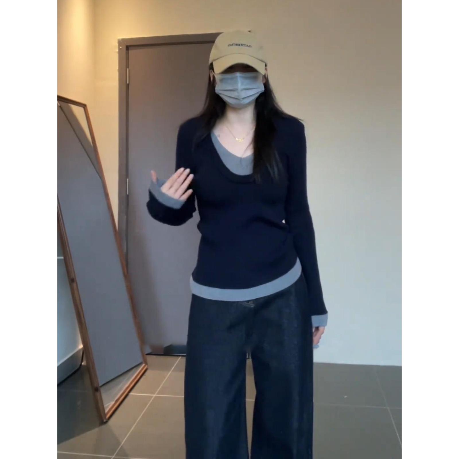 大尺码美式撞色假两件针