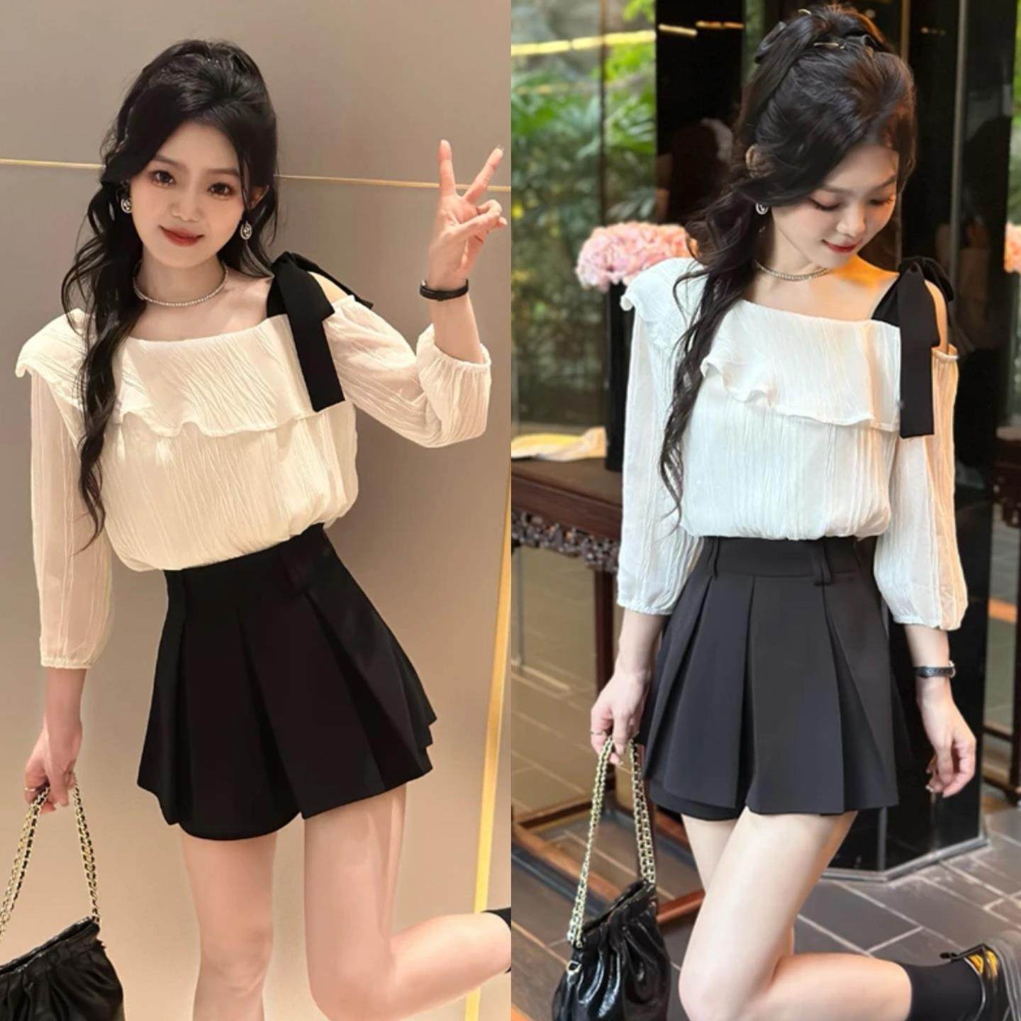 夏装搭配一整套韩系一字领露肩衬衫短裤两件套今年流行的漂亮套装