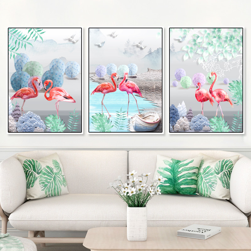 十字绣2024新款客厅火烈鸟三联画钻石绣简约现代简单5d钻石画满钻