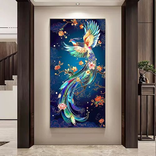 新款钻石画满钻凤凰2024年手工贴钻十字绣客厅花卉玄关竖版钻石绣
