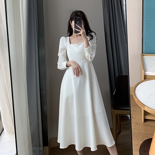 复古气质显瘦领证小白裙 GUOGE白色连衣裙女2023秋新款 方领法式