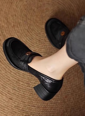 软羊皮黑色高跟山茶花乐福鞋2025秋冬新款英伦风一脚蹬厚底单鞋女