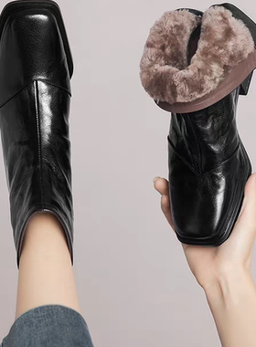 羊皮毛一体雪地靴女复古方头粗跟瘦瘦靴冬季加绒加厚马丁靴大棉鞋