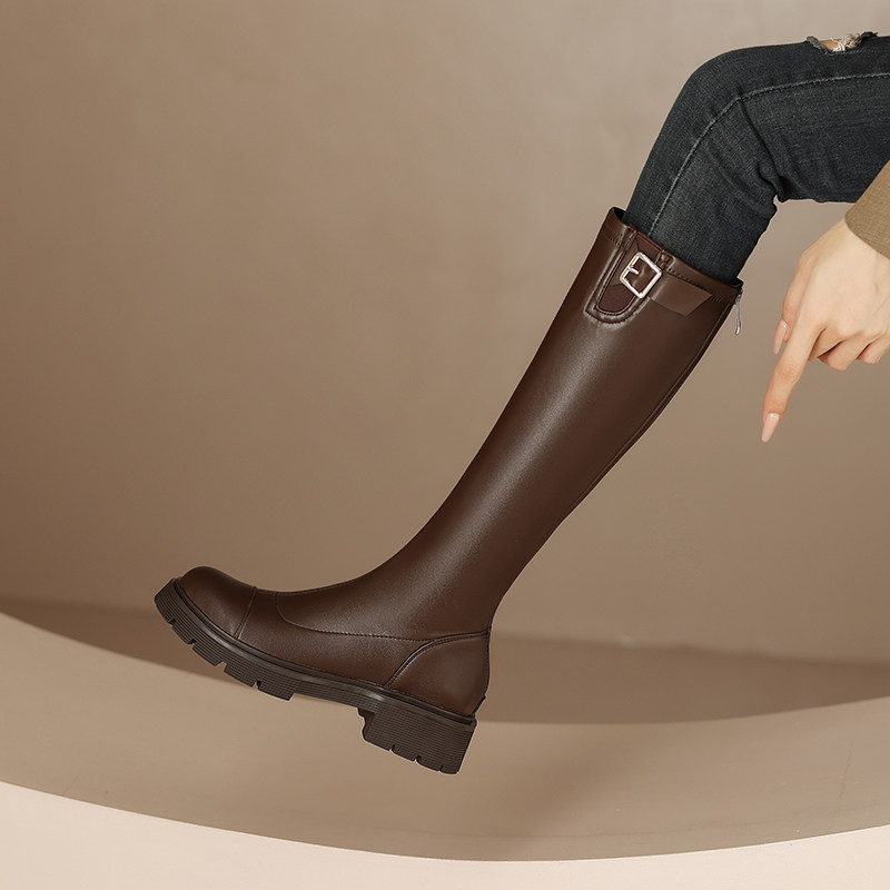 2025冬季新款真皮高筒靴女厚底骑士靴时尚百搭不过膝靴拉链长筒靴