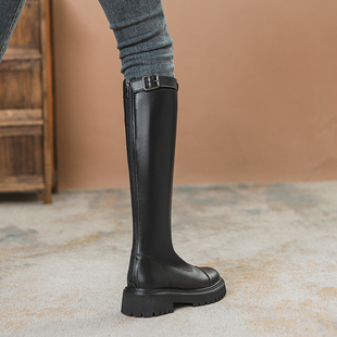 长筒靴女2025年秋冬新款 不过膝厚底真皮高筒靴英伦风后拉链骑士靴