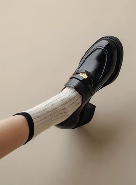 软羊皮厚底高跟单鞋女2025春秋季新款英伦风一脚蹬黑色金币乐福鞋