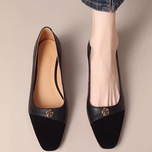 复古方头金扣浅口软底奶奶鞋