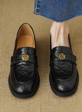 超软小羊皮黑色山茶花乐福鞋2025春秋新款英伦风一脚蹬厚底单鞋女