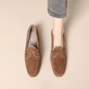 英伦风羊反绒面乐福鞋女款秋冬加绒保暖软底单鞋一脚蹬女鞋毛毛鞋