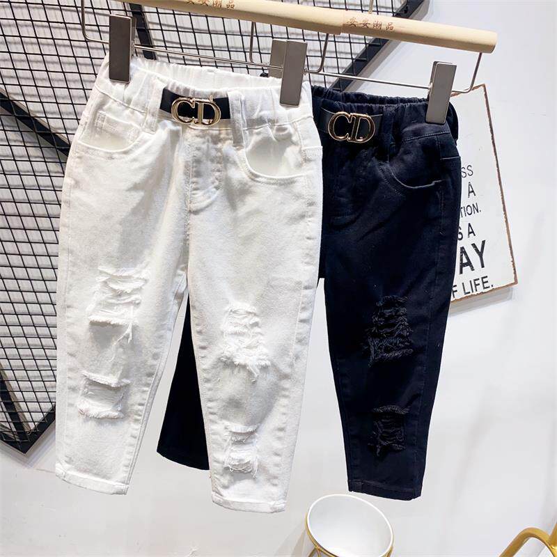 男童春秋款长裤宝宝穿黑白色破洞款裤子2023新款洋气修身版带弹力