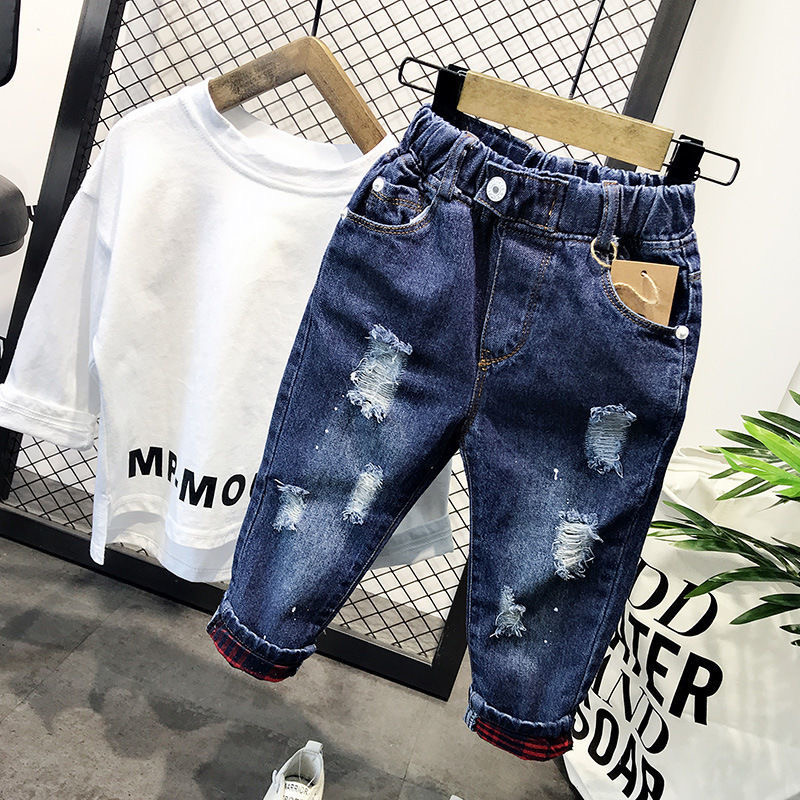 儿童牛仔裤春季新款宝宝时尚破洞长裤小孩子洋气修身小脚裤有里衬