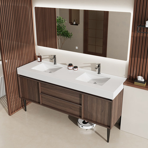 中古风岩板双盆浴室柜组合可定制