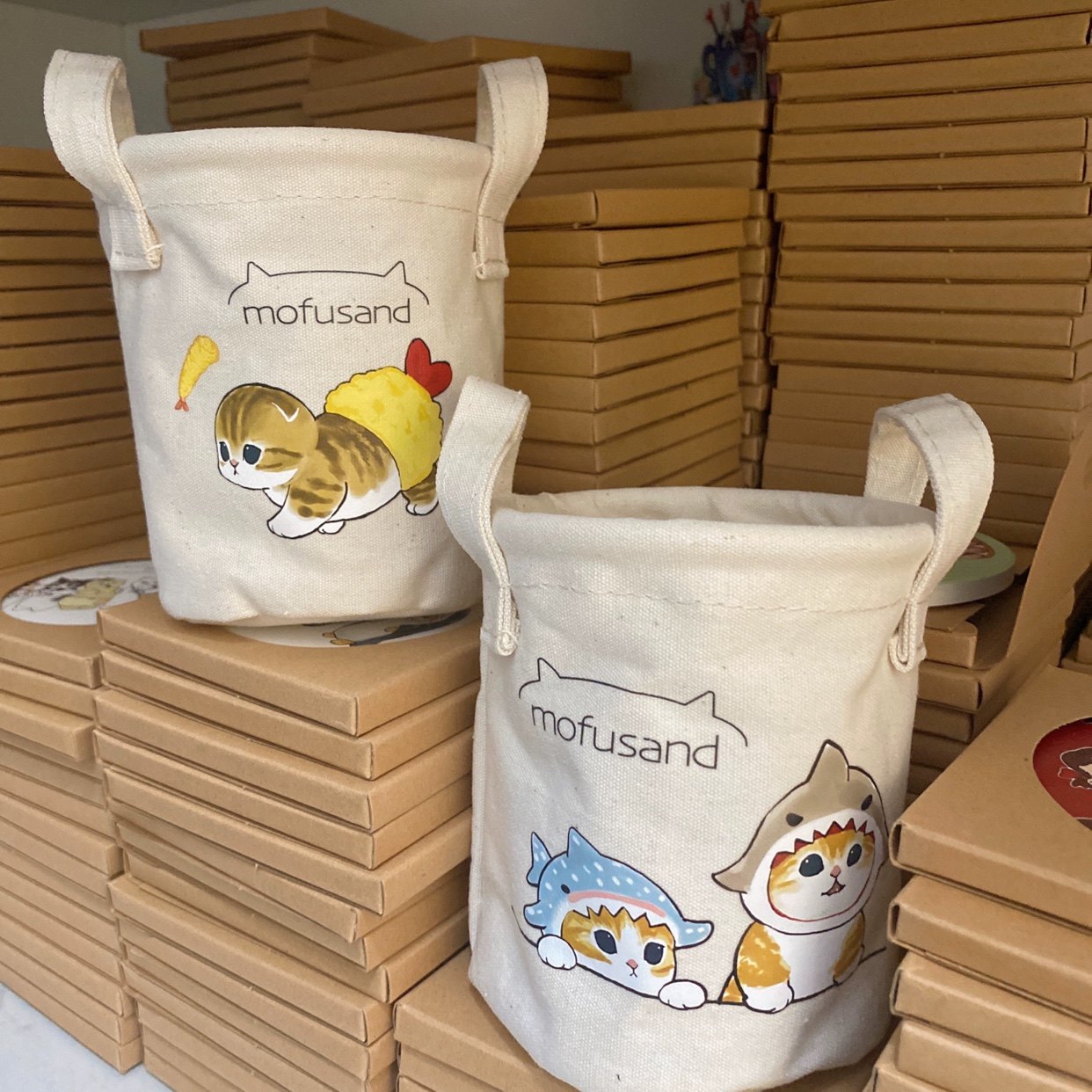 新品日单Mofusand鲨鱼炸虾猫帆布防水笔筒桌面收纳可爱学生儿童