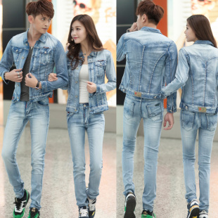 潮牌新款 复古学生夹克女上衣裤 潮流修帅气情侣套装 牛仔外套男韩版